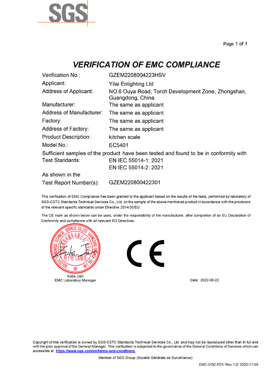 Yilai Scale EC5401 EMC by SGS